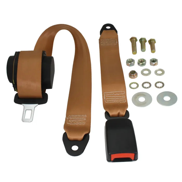 Rear Seat Belt 3 Point Inertia with Modern Buckle and Tan Webbing: T2 Bay (1968-1979), T2 Split Bus (1950-1967), Brazil Kombi (1997-2014)