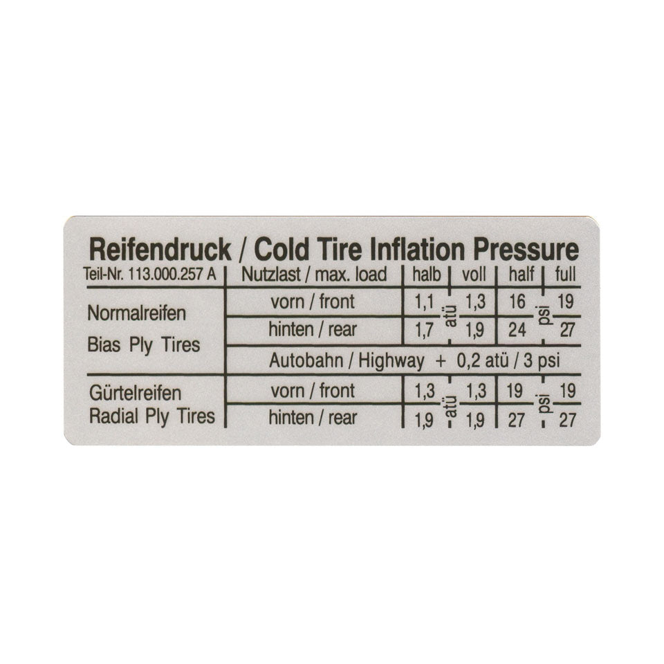 Sticker tyre pressure