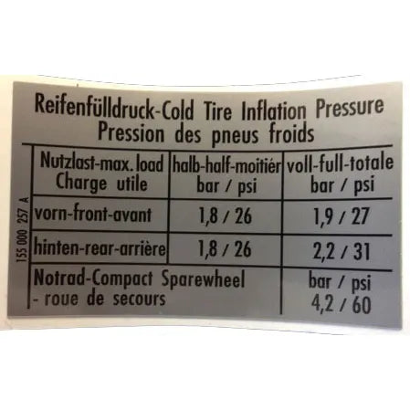 Sticker Tyre Pressure GTI 68x41mm: Golf Mk1 (1975-1983), Golf Mk1 Cabriolet (1979-1993), Jetta (1979-1983)