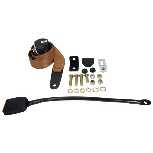 Front Seat Belt 3 Point Inertia with Modern Buckle and Tan Webbing for Walk Through: T2 Bay (1968-1979), T2 Split Bus (1950-1967), Brazil Kombi (1997-2014)