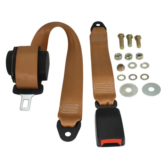 Rear Seat Belt 3 Point Inertia with Modern Buckle and Tan Webbing: T2 Bay (1968-1979), T2 Split Bus (1950-1967), Brazil Kombi (1997-2014)