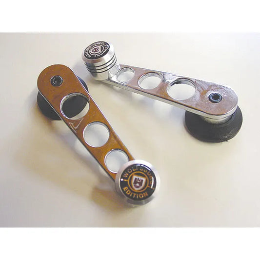 Window Winder Handles in Chrome with Wolfsburg Edition Knob Pair: Beetle (1968-1979), T2 Bay (1968-1979), Karmann Ghia (1968-1974)