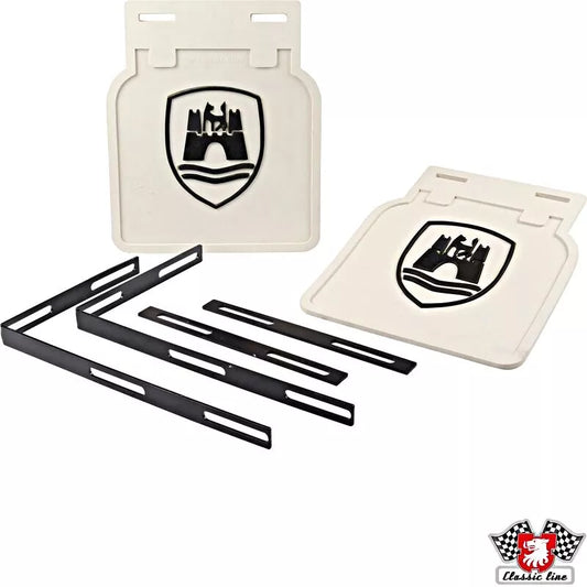 Rear Mud flap set with brackets, cream white with black Wolfsburg logo